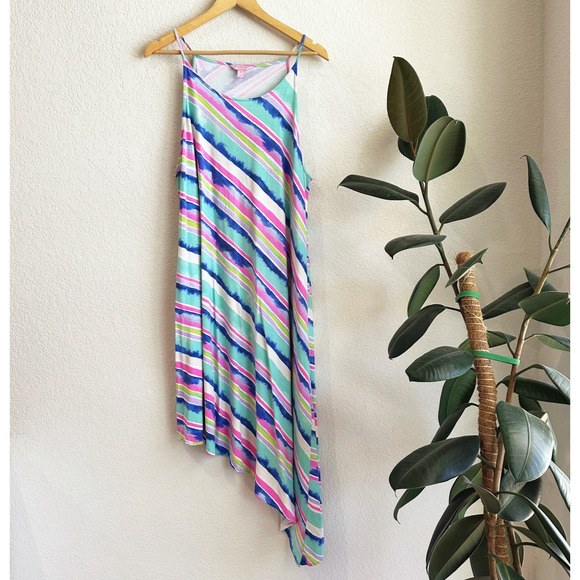 Lilly Pulitzer Midi Magnolia Asymmetrical Dress XL Multicolor Striped Resort - Picture 1 of 8